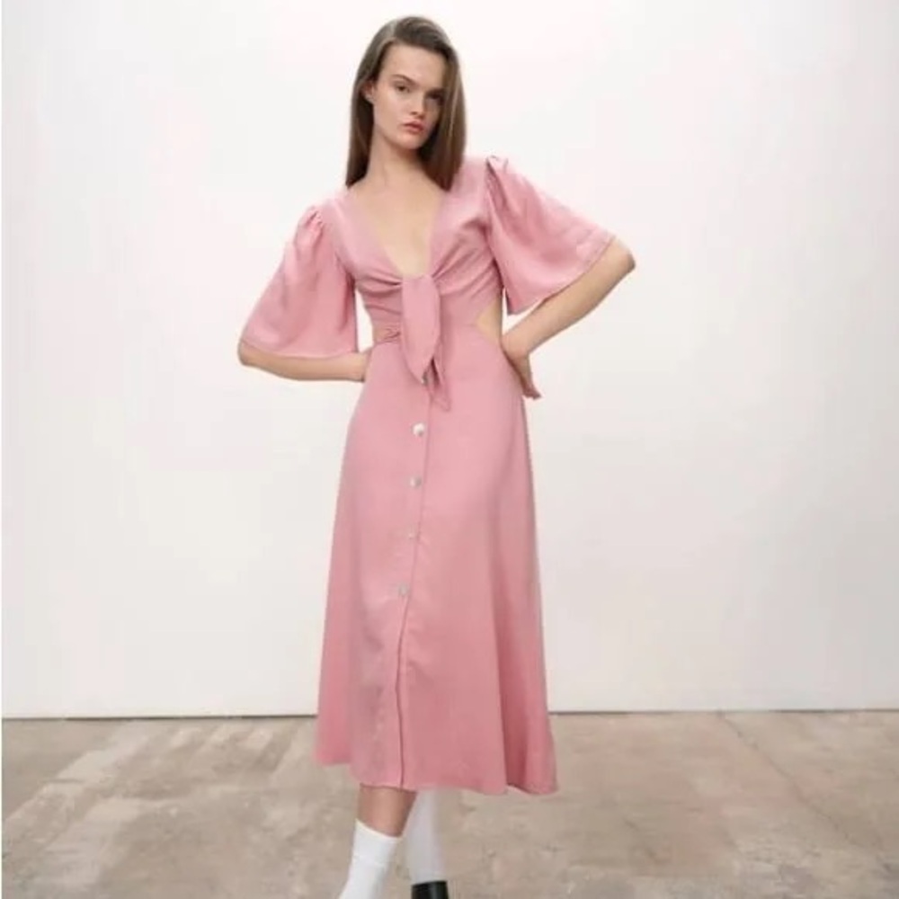 Zara cut out tie front button skirt midi length dress (small)